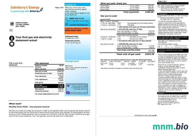 Wielka Brytania Sainsbury' s Energy (British Gas) bill, Word i PDF template, 3 strony 1 2